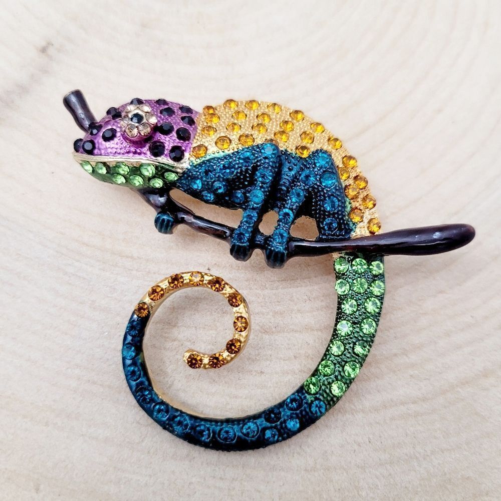 Brand New 2 In 1 Rainbow Colour Lizard Rhinestone Brooch Pin & Pendant
